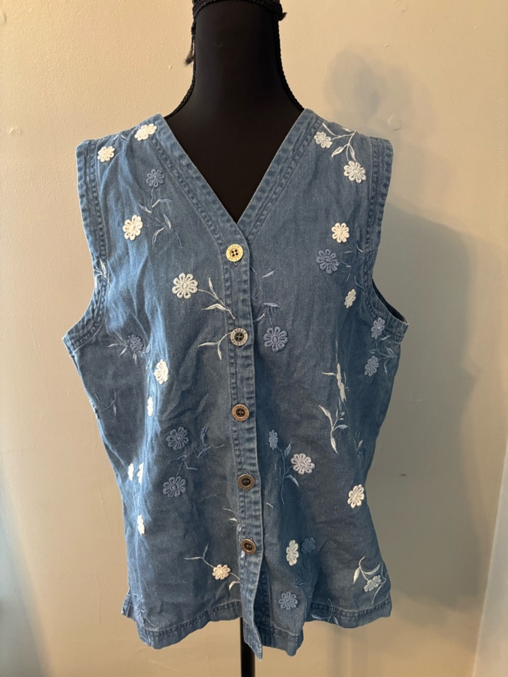Vtg Susan Bristol womens M denim vest embroidered applique flowers